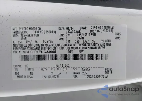 2014 Ford Escape Titanium из США, поврежденный, VIN 1FMCU9J91EUC33965